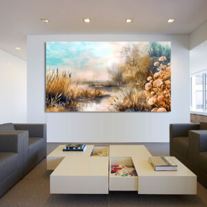 4579279 – Autumn Landscape Art Print, Serene River Scene, Nature Inspired Wall Decor, Soft Pastel Tones