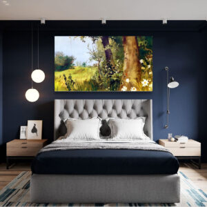 4579280 – Rustic Forest Landscape Painting, Nature Wall Art, Tranquil Trees and Wildflowers Canvas Print