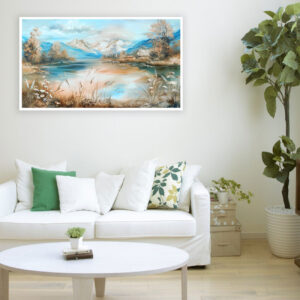 4579256 – Vintage Pastel Landscape Painting Canvas Print – Tranquil Lake and Mountains Wall Art