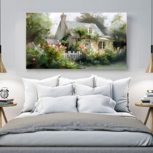 4579296 – Rustic Cottage Garden Wall Art, Floral Landscape Painting, Peaceful Country Home Decor, Large Canvas, Print