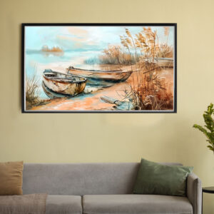 4579257 – Rustic Lake Scene Wall Art, Vintage Style Sepia Boat Painting, Calm Water Landscape Canvas