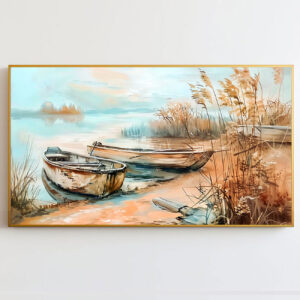 4579257 – Rustic Lake Scene Wall Art, Vintage Style Sepia Boat Painting, Calm Water Landscape Canvas