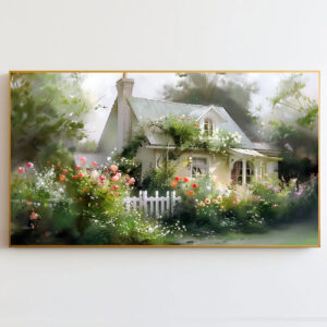 4579296 – Rustic Cottage Garden Wall Art, Floral Landscape Painting, Peaceful Country Home Decor, Large Canvas, Print