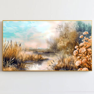 4579279 – Autumn Landscape Art Print, Serene River Scene, Nature Inspired Wall Decor, Soft Pastel Tones