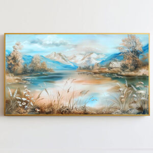 4579256 – Vintage Pastel Landscape Painting Canvas Print – Tranquil Lake and Mountains Wall Art