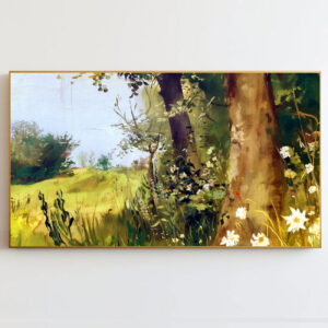 4579280 – Rustic Forest Landscape Painting, Nature Wall Art, Tranquil Trees and Wildflowers Canvas Print