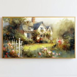 4579298 – Rustic Cottage Garden Painting, Floral Landscape Wall Art, Vibrant Home Decor Canvas Print