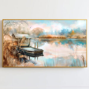 4579255 – Tranquil Lake Scene Wall Art, Vintage Boat Dock, Misty Morning Landscape, Home Decor, Large Poster