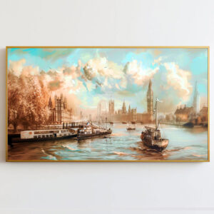 4579251 – Vintage London Skyline Wall Art, River Thames, Big Ben, London Eye, Sepia Toned Print