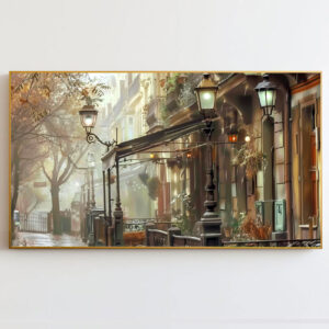 4579277 – Misty Morning City Street Scene Wall Art, Vintage Lamp Post Photo Print, Urban Foggy Day Décor