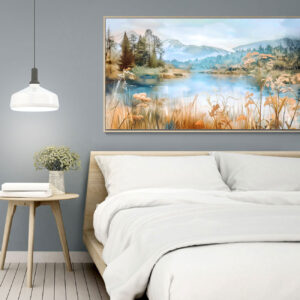 4579258 – Serene Lakeside Landscape Print, Calming Nature Wall Art, Tranquil Forest and Mountain View Décor