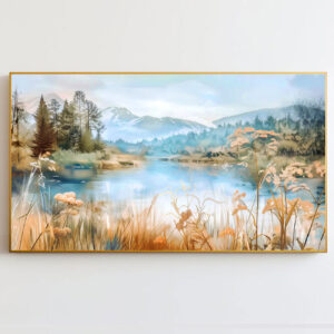 4579258 – Serene Lakeside Landscape Print, Calming Nature Wall Art, Tranquil Forest and Mountain View Décor