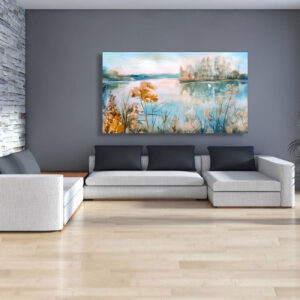 4579259 – Tranquil Lake Landscape Wall Art, Soft Pastel Nature Fine Art Print, Serene Home Décor