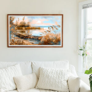 4579261 – Serene Lakeview Wall Art, Classic Dock and Boat Scene, Peaceful Home Décor