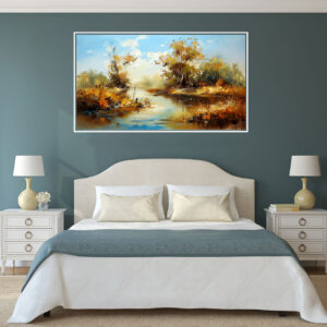 4579265 – Autumn Landscape Painting, River Scene Wall Art, Fall Trees and Light Reflections, Vibrant Home Décor