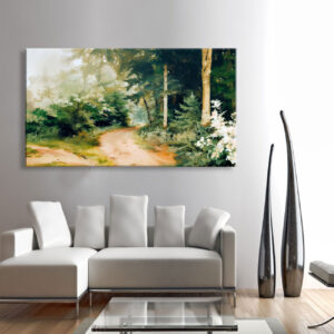 4579271 – Misty Forest Path Canvas Print, Tranquil Nature Wall Art, Large Landscape Painting, Home Décor