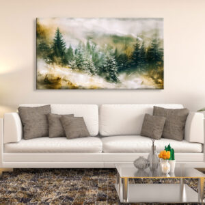 4579272 – Misty Forest Canvas Print, Snowy Pine Trees Winter Scene Wall Art, Nature Inspired Home Décor