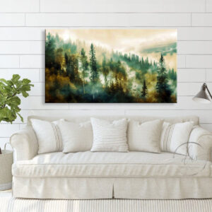 4579274 – Misty Forest Landscape Wall Art, Enchanted Woods Canvas Print, Nature Home Decor, Large Wall Hanging