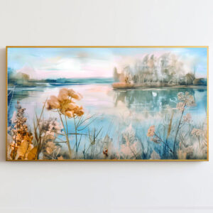 4579259 – Tranquil Lake Landscape Wall Art, Soft Pastel Nature Fine Art Print, Serene Home Décor