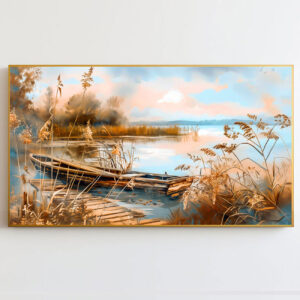 4579261 – Serene Lakeview Wall Art, Classic Dock and Boat Scene, Peaceful Home Décor