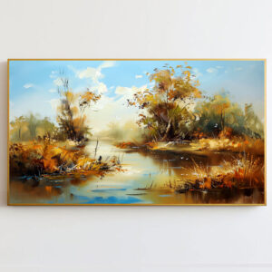 4579265 – Autumn Landscape Painting, River Scene Wall Art, Fall Trees and Light Reflections, Vibrant Home Décor