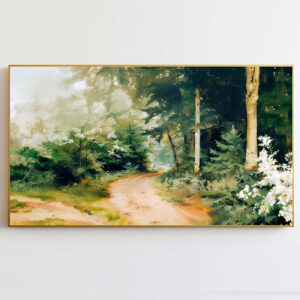 4579271 – Misty Forest Path Canvas Print, Tranquil Nature Wall Art, Large Landscape Painting, Home Décor