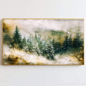 4579272 – Misty Forest Canvas Print, Snowy Pine Trees Winter Scene Wall Art, Nature Inspired Home Décor